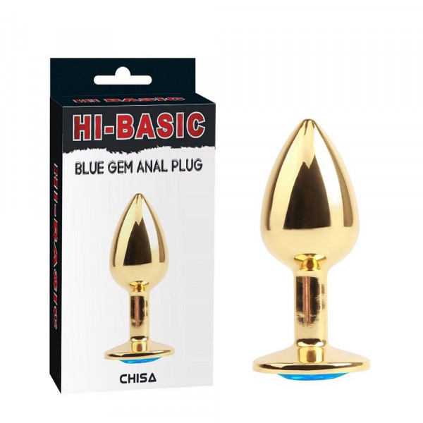 Золотистая анальная пробка со стразом Blue Gem Anal Plug - 7,1 см.