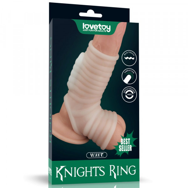 Белая ребристая вибронасадка на пенис Knights Ring с подхватом мошонки