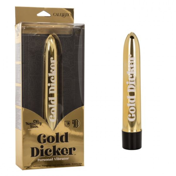 Золотистый классический вибратор Naughty Bits Gold Dicker Personal Vibrator - 19 см.