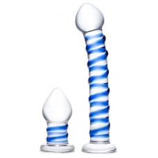 Набор из 2 стеклянных игрушек с синей спиралью Swirly Dildo   Buttplug Set