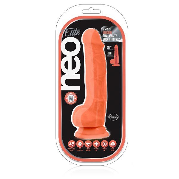 Оранжевый фаллоимитатор 7.5 Inch Silicone Dual Density Cock with Balls - 19 см.